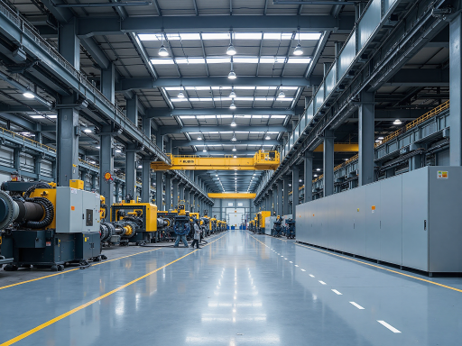 现代化工厂车间场景，大型机械设备整齐排列，工人正在操作机器，车间宽敞明亮，工业环境，安全警示标识清晰