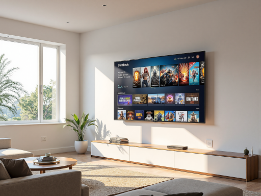 现代家庭客厅场景，电视墙上安装有监控显示屏，显示多个摄像头画面，客厅整洁明亮，家具摆放整齐，温馨家居环境