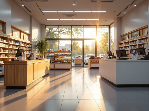 现代化商铺内部场景，货架整齐摆放商品，天花板上安装有多个监控摄像头，收银台位置明显，明亮灯光，商业环境