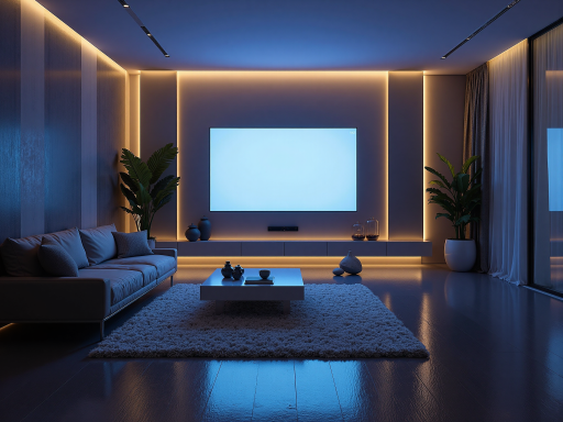 现代智能家居客厅场景，智能灯光控制系统界面，各种智能设备控制面板，现代化装修风格，科技感十足的家居环境