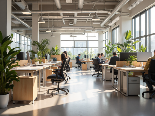 现代办公环境，开放式工作空间，员工在电脑前专注工作，白色墙壁，明亮灯光，绿色植物点缀